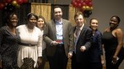 Dr. Nick Hirshon accepts the Students First Award on April 25, 2023, at William Paterson University. The Student Government Association describes this as "the highest honor SGA bestows on a William Paterson employee who is consistently dedicated to the success of William Paterson students." Pictured left to right are 2022-2023 WPSPJ president Angelica Amegashie, graduate student liaison Beatrice Amune, member Diana Kochaha, Dr. Hirshon, secretary Andrew Herbst, vice president Rochelle Estrada, and treasurer Angela Amegashie.