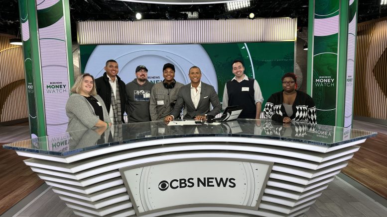 L-R, WPSPJ members Terri Coppola, Pedro Garcia, Mike Morris, and Keandrei Tarver Francis; CBS News anchor Errol Barnett; WPSPJ adviser Dr. Nicholas Hirshon, and WPSPJ member Claire Biennestin during a tour of CBS News on Oct. 16, 2023.