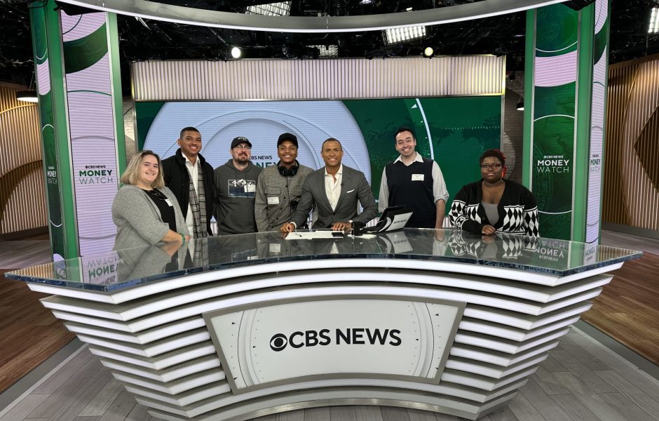 L-R, WPSPJ members Terri Coppola, Pedro Garcia, Mike Morris, and Keandrei Tarver Francis; CBS News anchor Errol Barnett; WPSPJ adviser Dr. Nicholas Hirshon, and WPSPJ member Claire Biennestin during a tour of CBS News on Oct. 16, 2023.