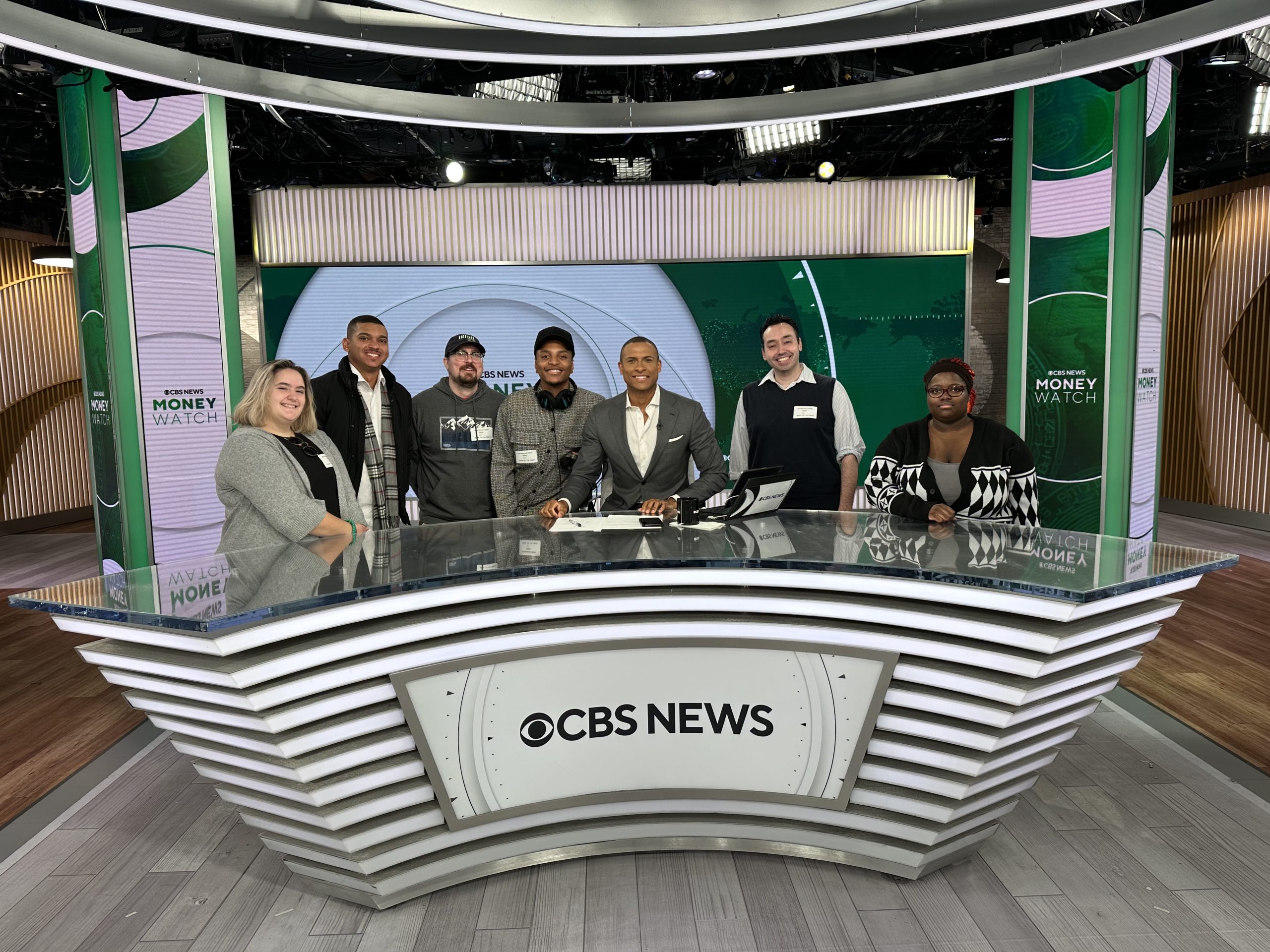 L-R, WPSPJ members Terri Coppola, Pedro Garcia, Mike Morris, and Keandrei Tarver Francis; CBS News anchor Errol Barnett; WPSPJ adviser Dr. Nicholas Hirshon, and WPSPJ member Claire Biennestin during a tour of CBS News on Oct. 16, 2023.